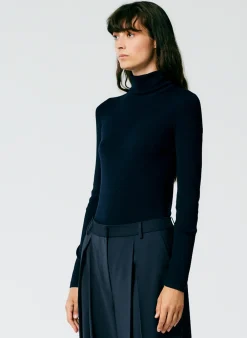 Knitwear & Sweatshirts|Fundamentals - WOFs>Tibi Featherweight Ribbed Sweater Turtleneck Pullover Navy