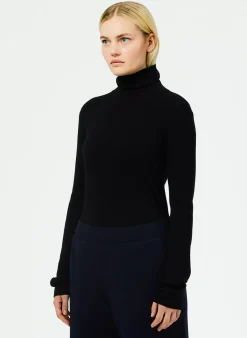 Knitwear & Sweatshirts>Tibi Featherweight Ribbed Sweater Turtleneck Pullover Black