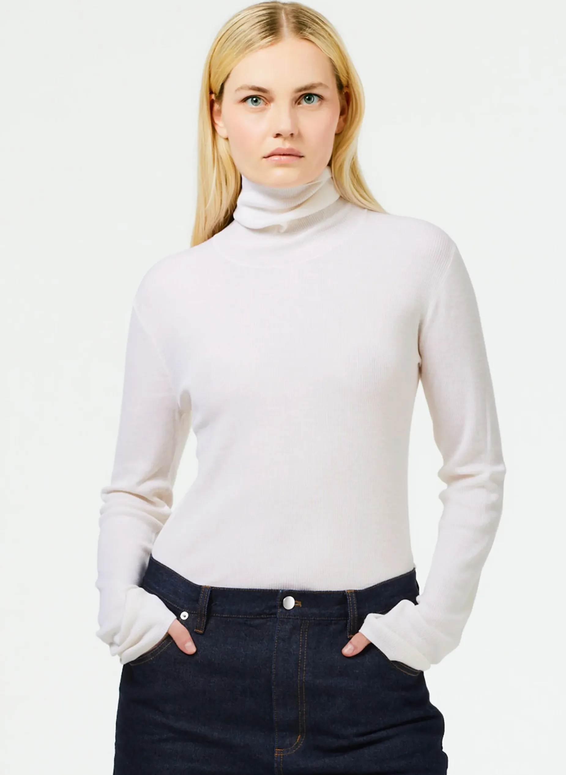Knitwear & Sweatshirts>Tibi Featherweight Ribbed Sweater Turtleneck Pullover Off White