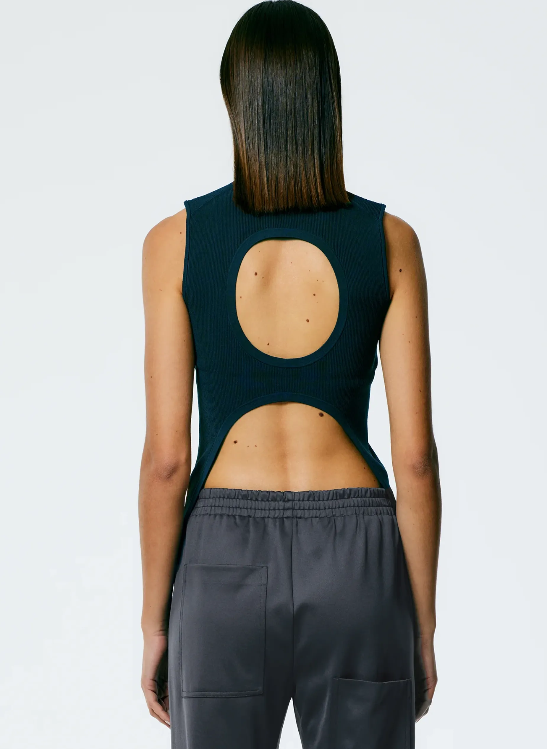 Tops>Tibi Giselle Stretch Sweater Circle Openback Tank Navy Fog