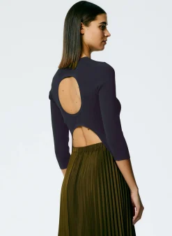 Tops>Tibi Giselle Stretch Sweater Circle Openback Pullover Navy Fog