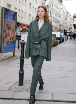 Suits|Jackets & Outerwear>Tibi Grain De Poudre Liam Blazer With Slit Zipper Detail Grey Pine