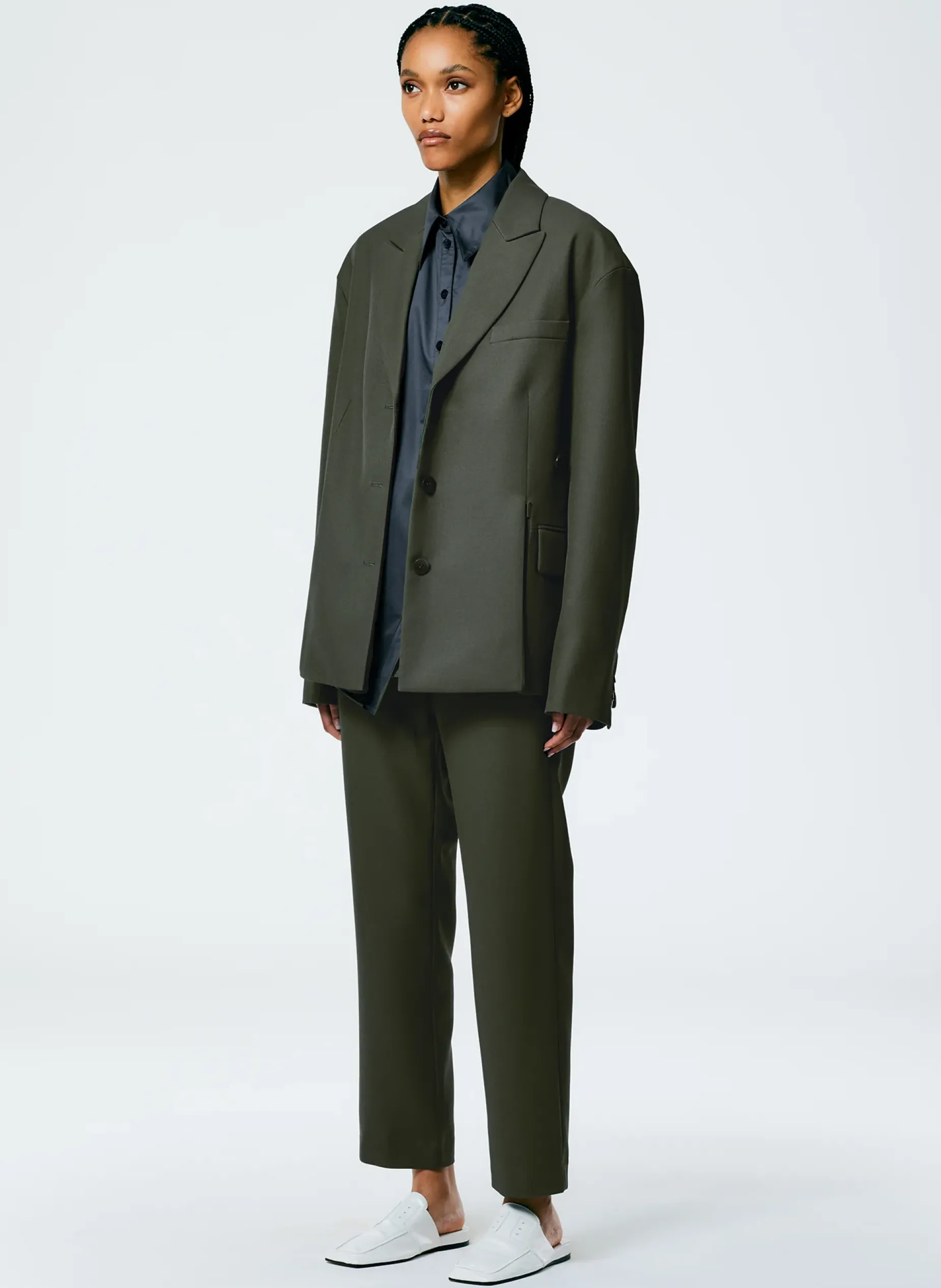 Suits|Jackets & Outerwear>Tibi Grain De Poudre Liam Blazer With Slit Zipper Detail Grey Pine