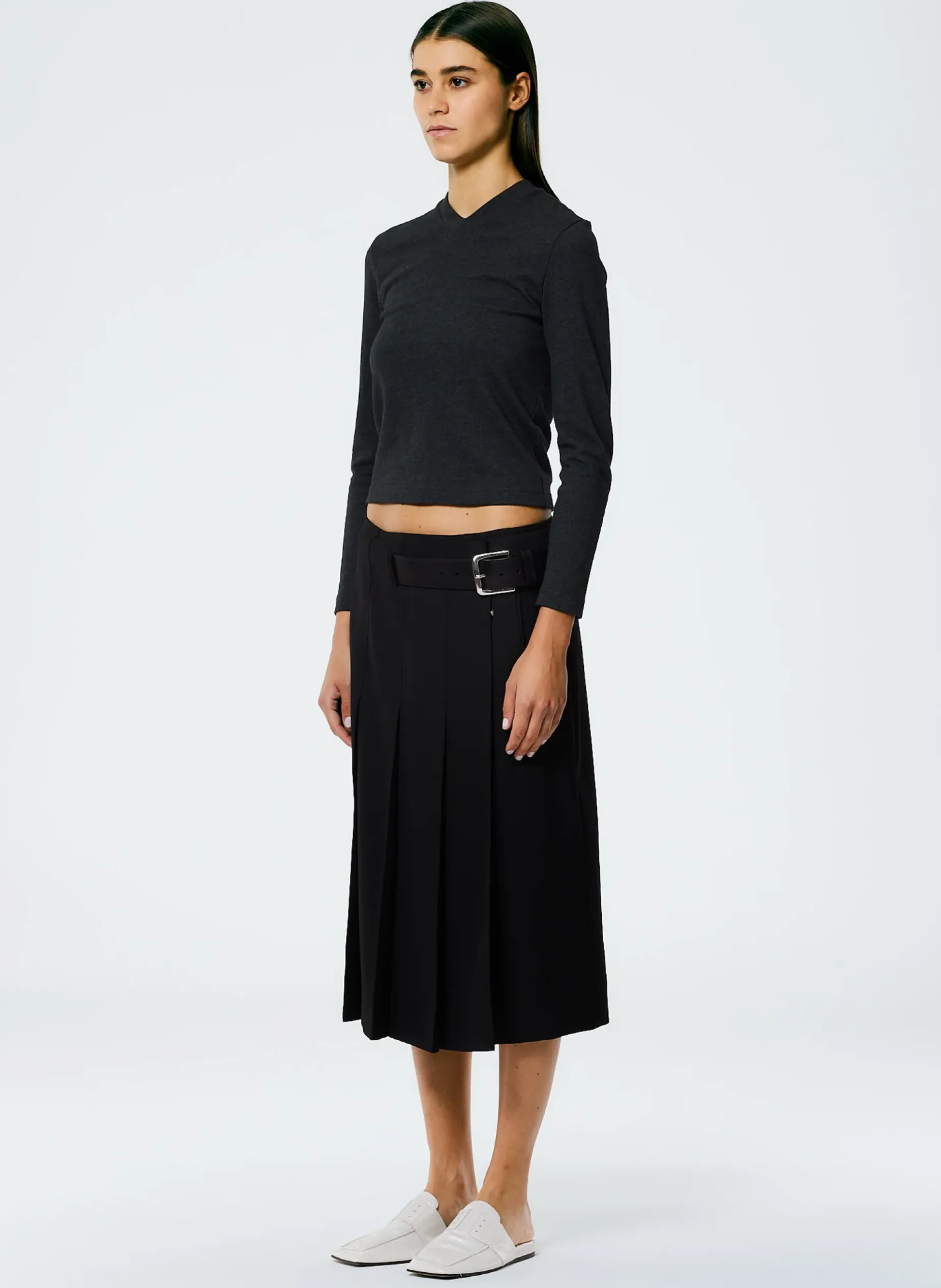Suits|Skirts>Tibi Grain De Poudre Wide Pleat Wrap Skirt Black