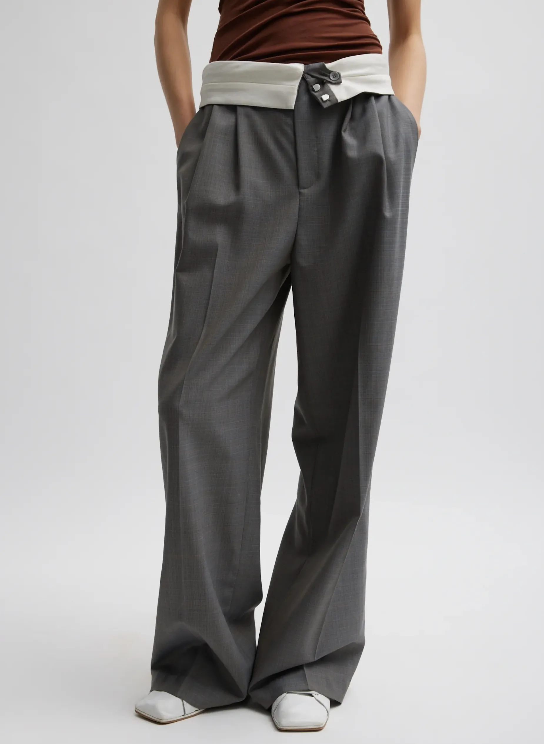 Suits|Pants & Shorts>Tibi Grant Suiting Fold Over Trouser Grey Multi