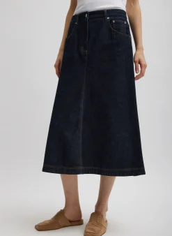 Denim|Skirts>Tibi Indigo Denim Midi A-Line Skirt Dark Denim