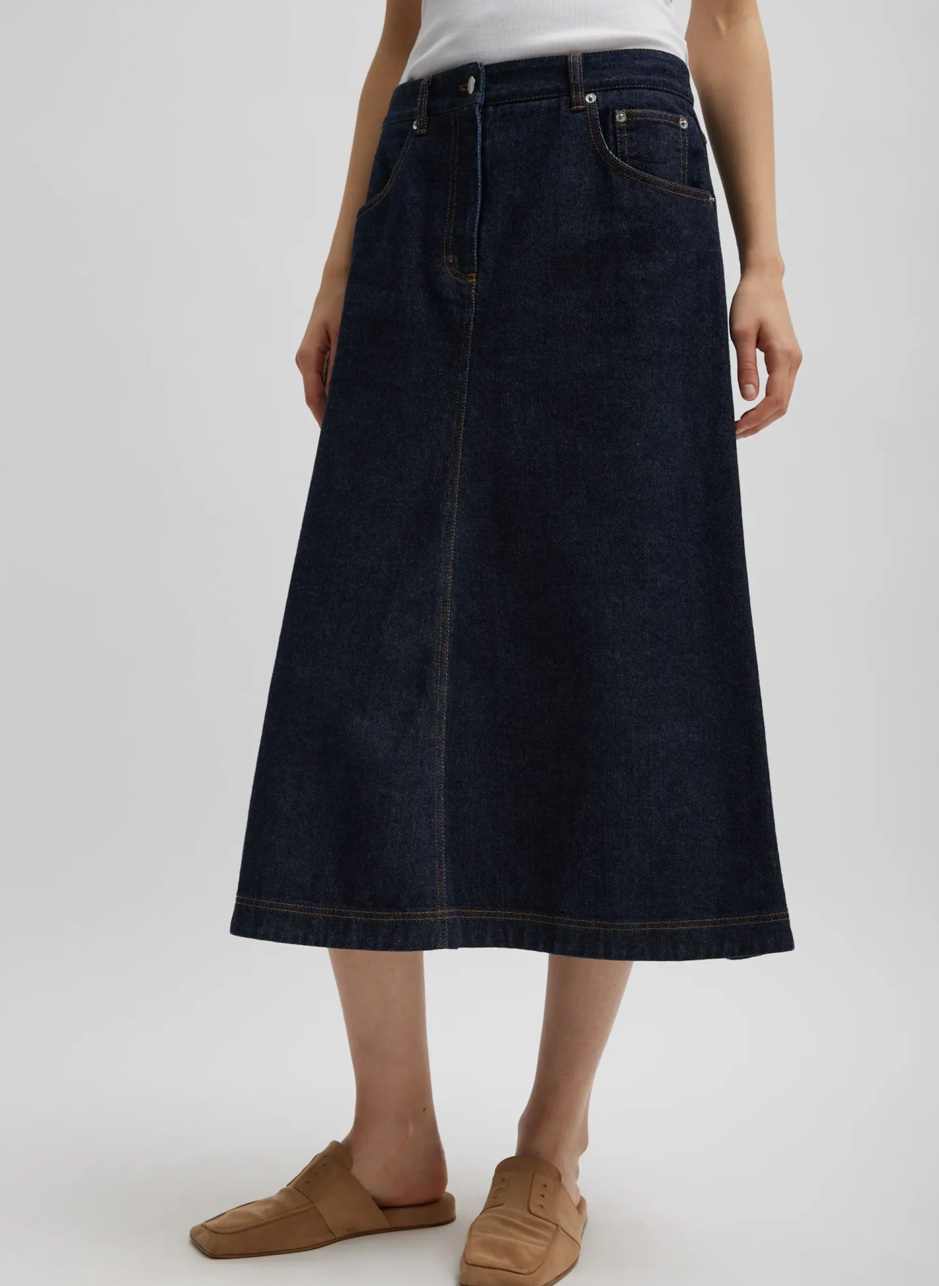 Denim|Skirts>Tibi Indigo Denim Midi A-Line Skirt Dark Denim