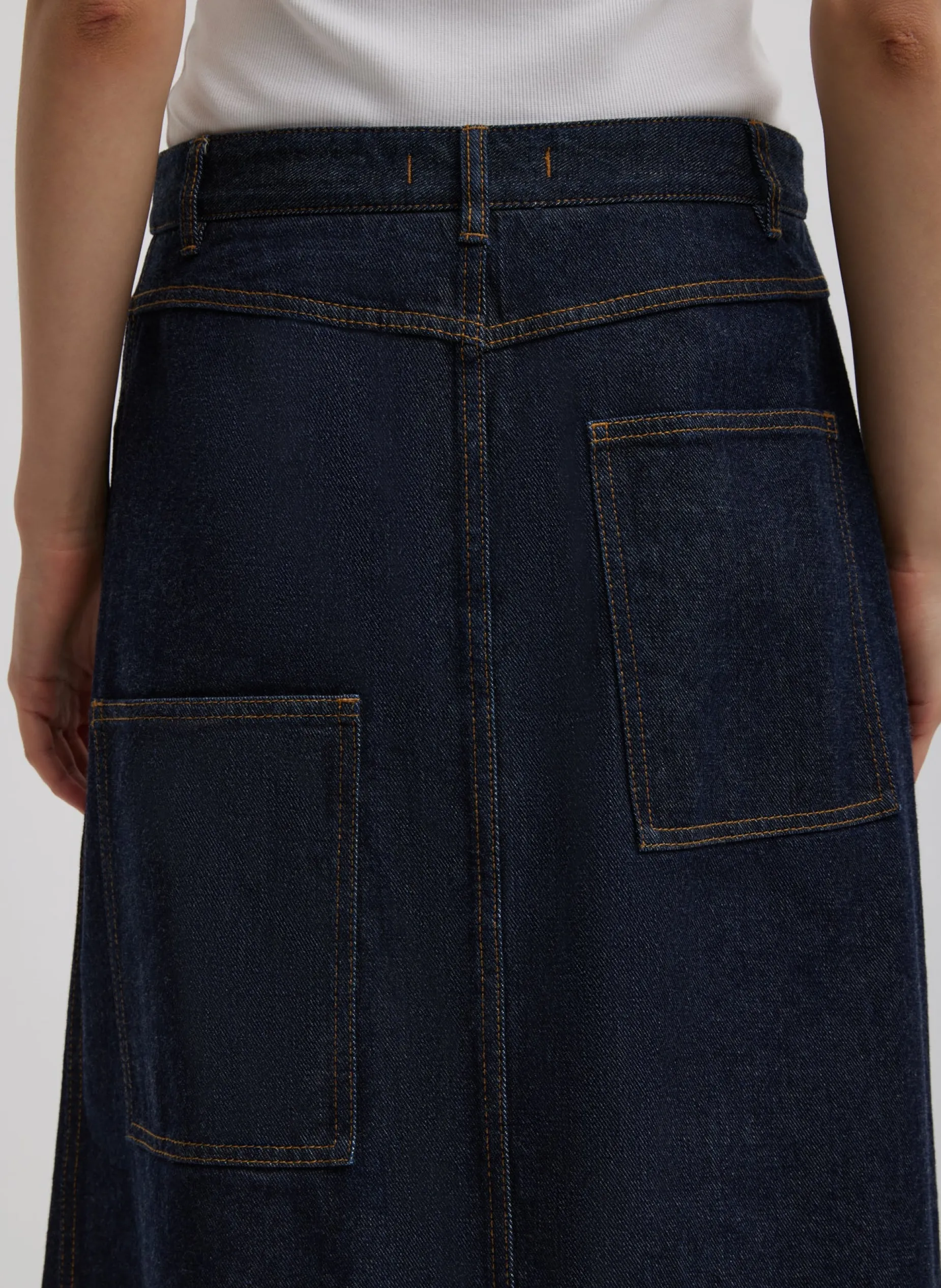 Denim|Skirts>Tibi Indigo Denim Midi A-Line Skirt Dark Denim