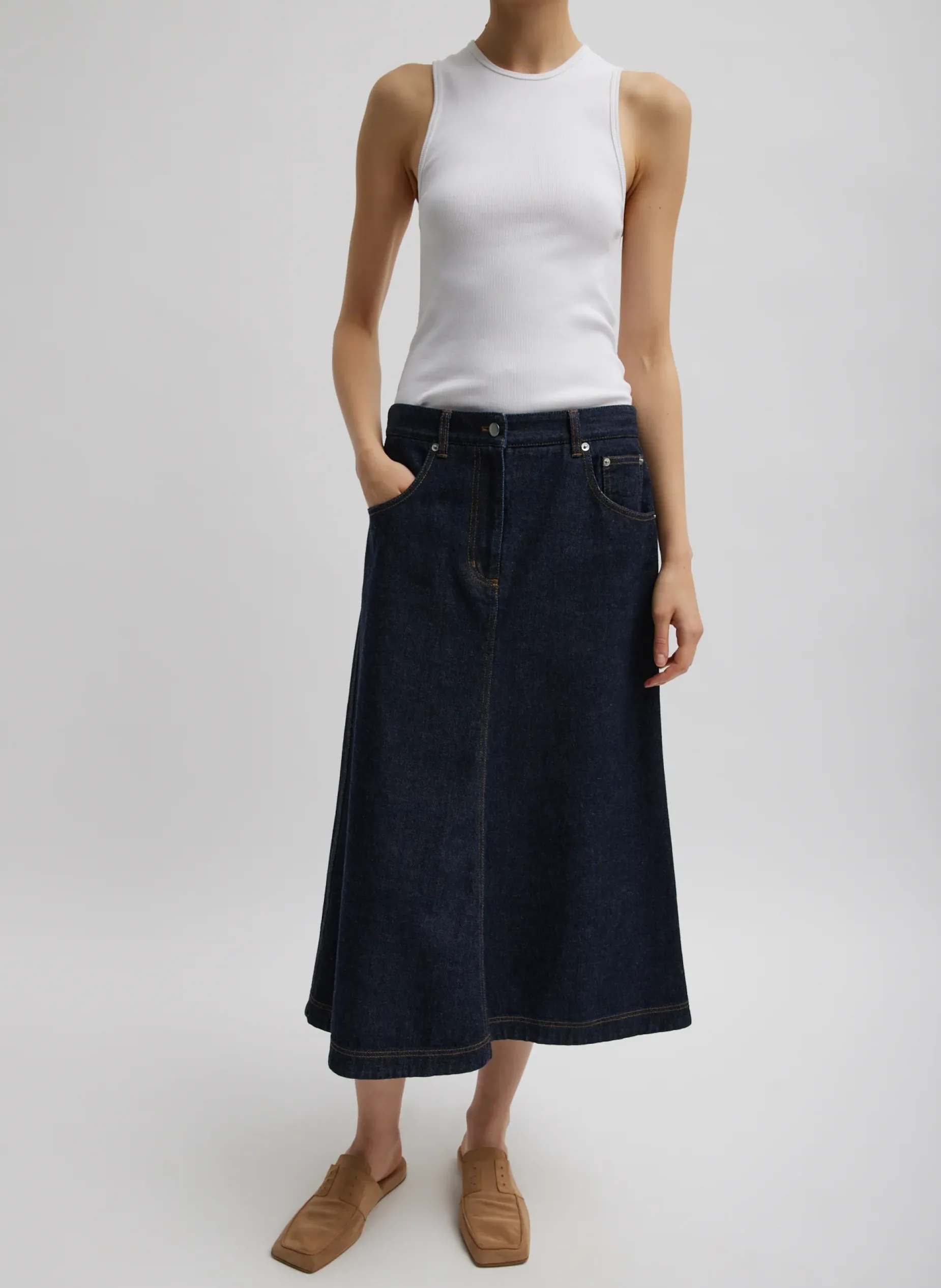 Denim|Skirts>Tibi Indigo Denim Midi A-Line Skirt Dark Denim