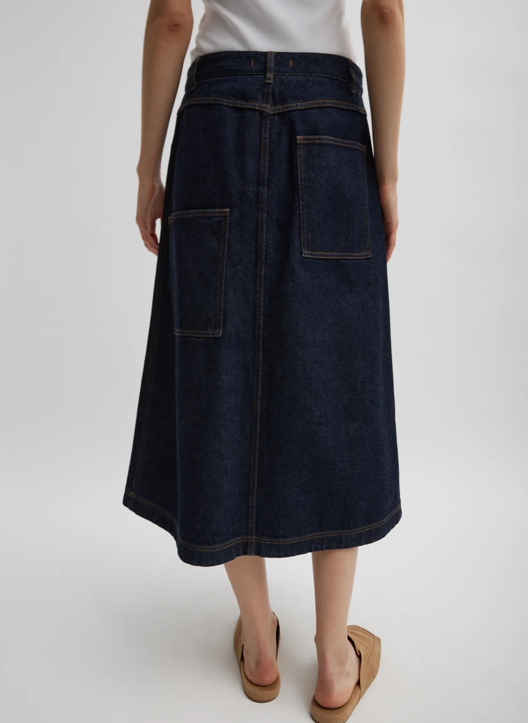 Denim|Skirts>Tibi Indigo Denim Midi A-Line Skirt Dark Denim
