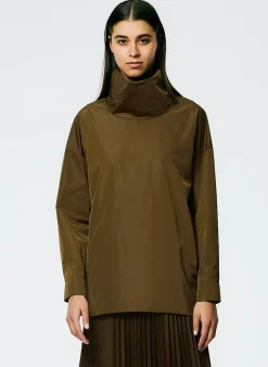Tops>Tibi Italian Sporty Nylon Cowl Neck Top Wood