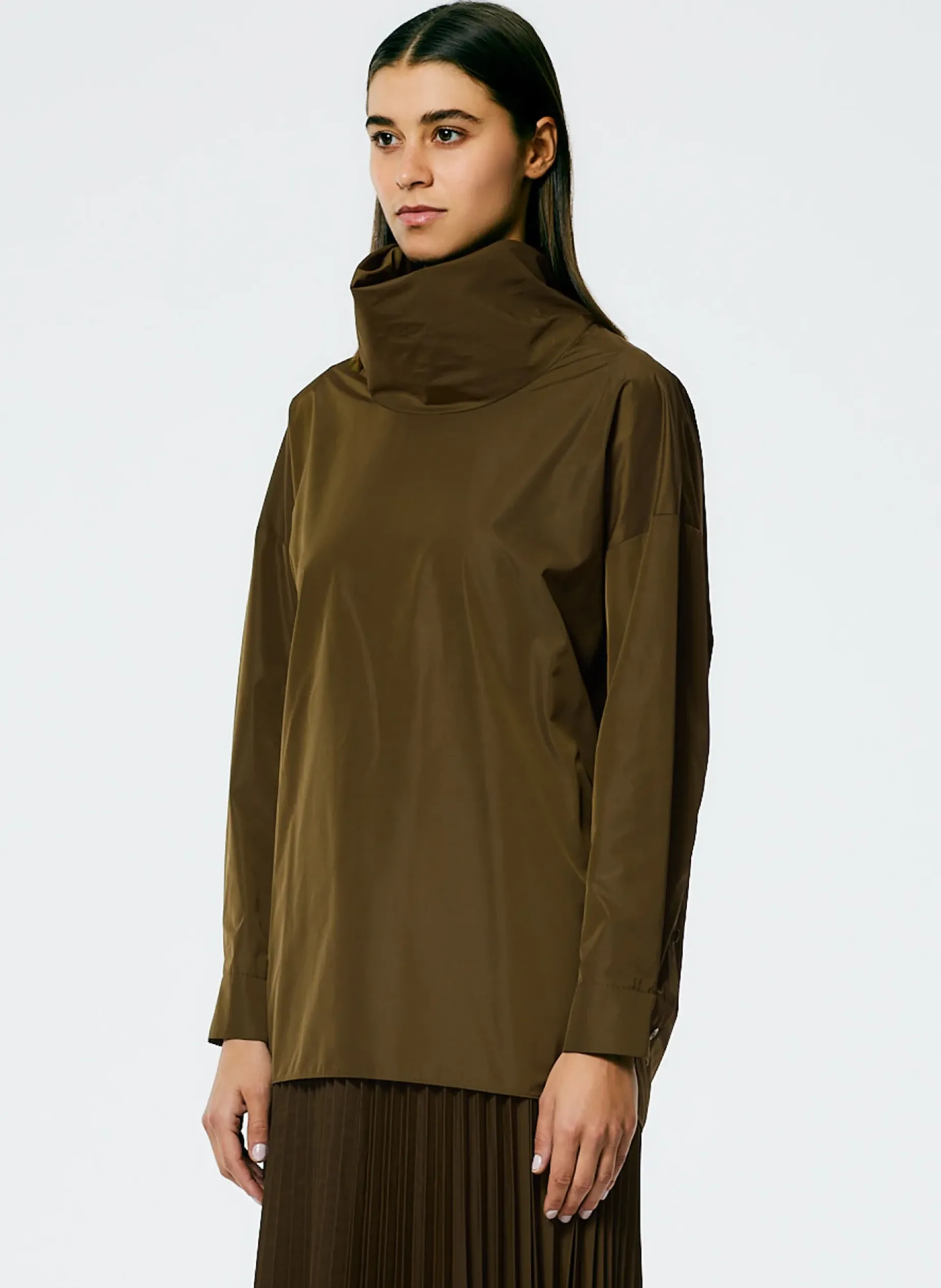 Tops>Tibi Italian Sporty Nylon Cowl Neck Top Wood