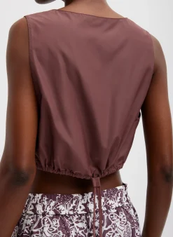 Tops>Tibi Italian Sporty Nylon Cropped Square Neck Top Cinnamon