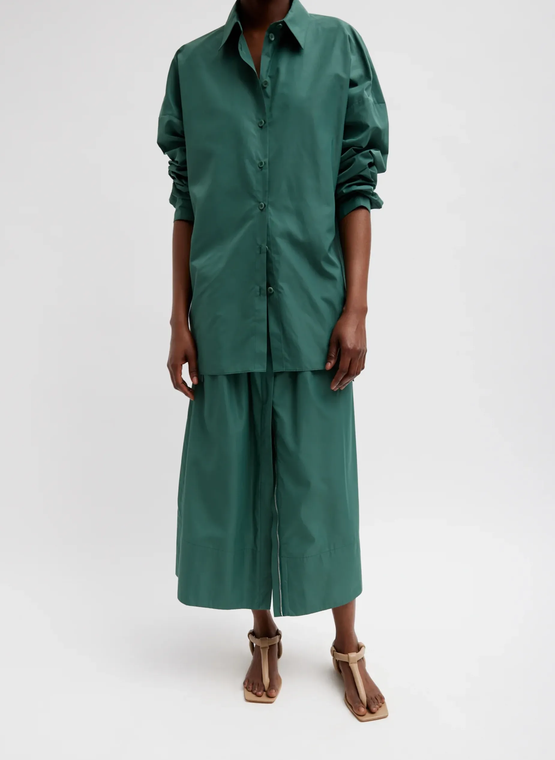 Tops>Tibi Italian Sporty Nylon Shirt With Cocoon Back Dark Hunter Green