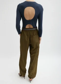 Pants & Shorts>Tibi Italian Sporty Nylon Wide Leg Pull On Pant Wood
