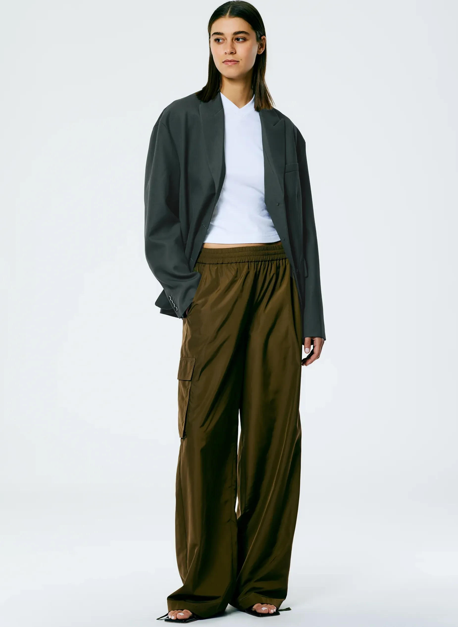 Pants & Shorts>Tibi Italian Sporty Nylon Wide Leg Pull On Pant Wood