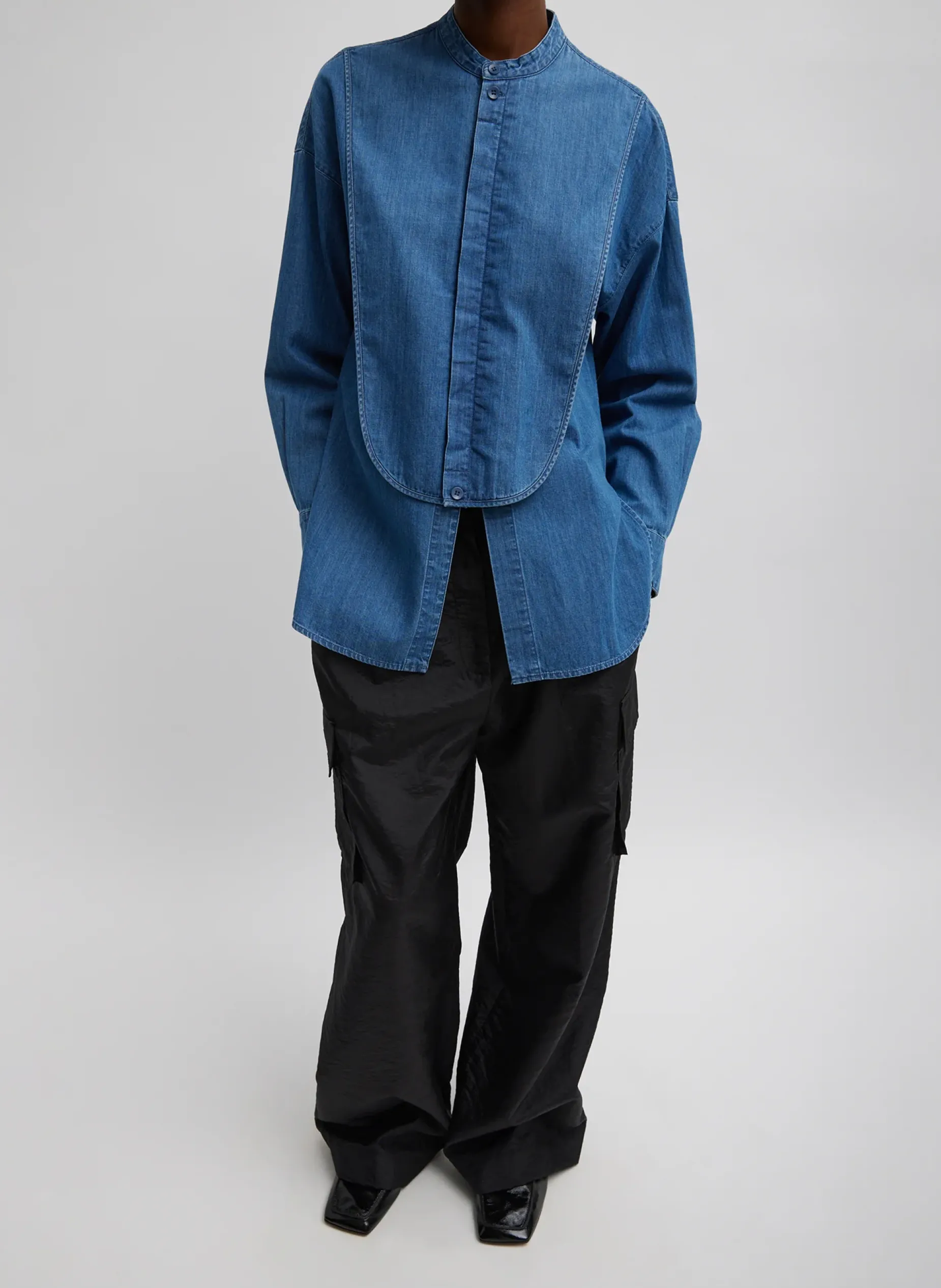 Denim|Tops>Tibi Light Weight Stone Wash Denim Tuxedo Shirt Denim Blue