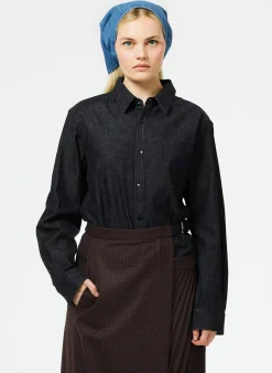 Tops|Fundamentals - WOFs>Tibi Light Weight Stone Washed Denim Charlie Slim Shirt Black