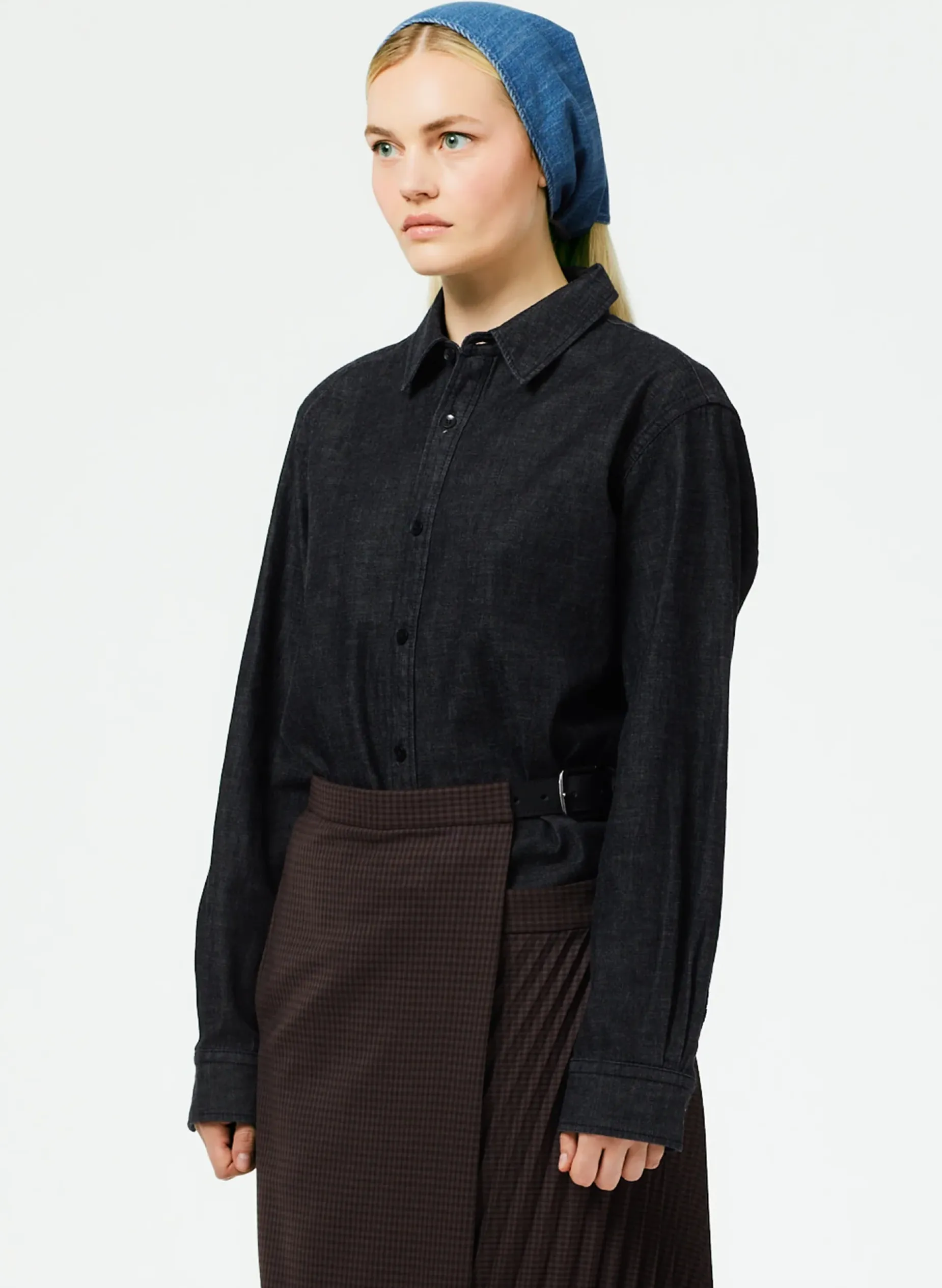 Tops|Fundamentals - WOFs>Tibi Light Weight Stone Washed Denim Charlie Slim Shirt Black