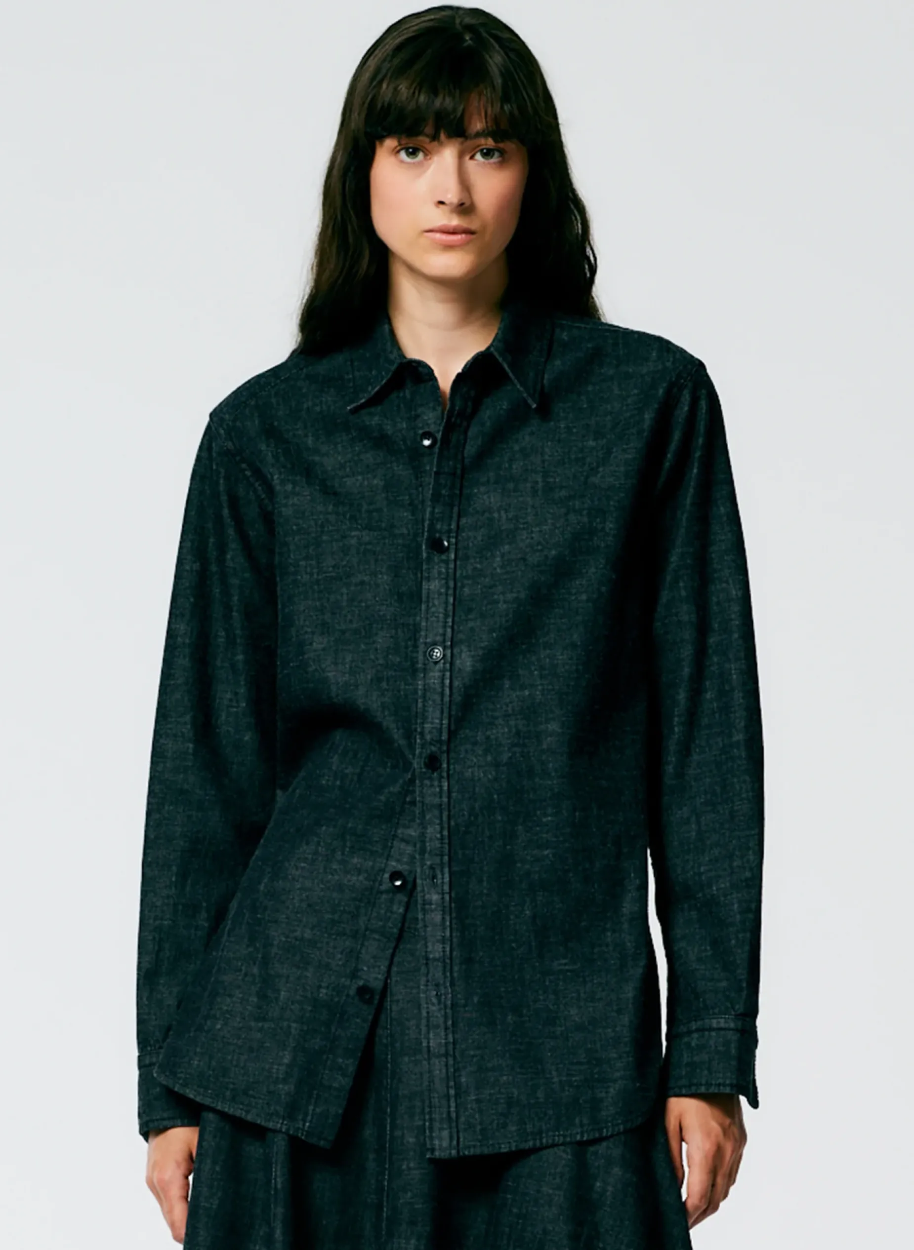 Tops|Fundamentals - WOFs>Tibi Light Weight Stone Washed Denim Charlie Slim Shirt Black