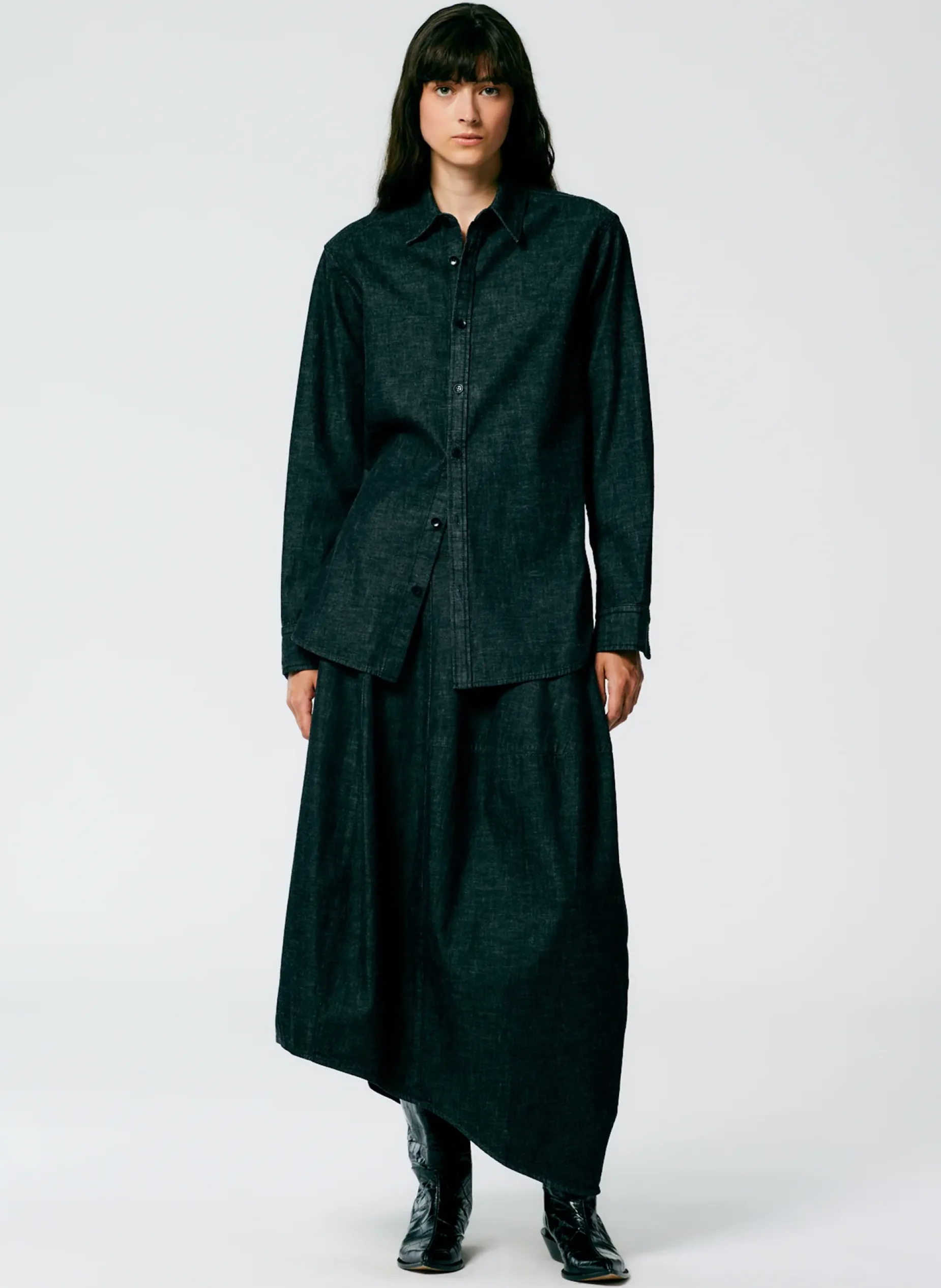 Tops|Fundamentals - WOFs>Tibi Light Weight Stone Washed Denim Charlie Slim Shirt Black