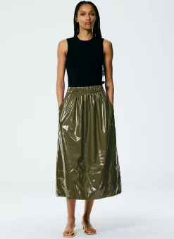 Skirts>Tibi Light Weight Stretch Patent Smocking Waistband Full Skirt Wood