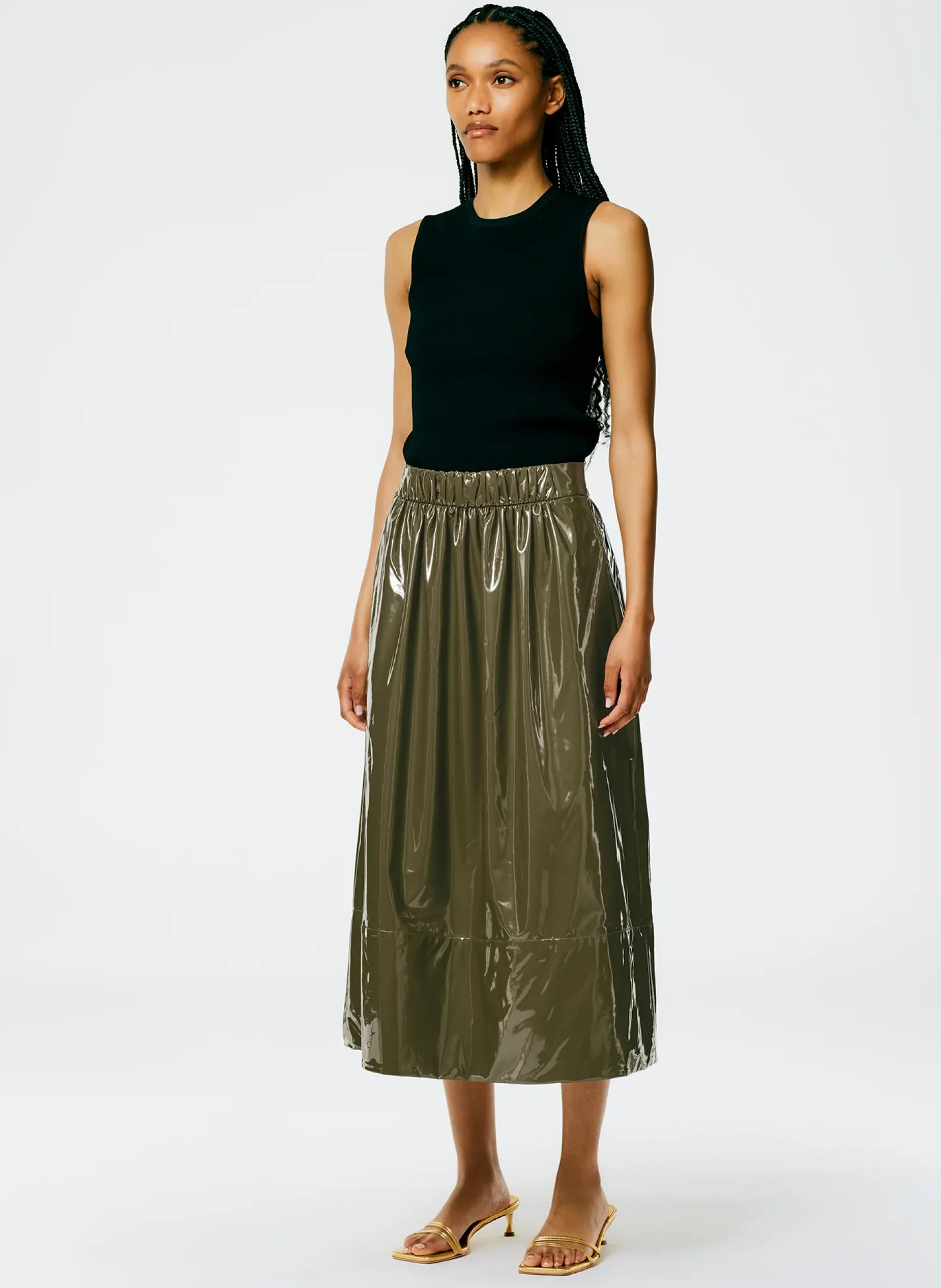 Skirts>Tibi Light Weight Stretch Patent Smocking Waistband Full Skirt Wood