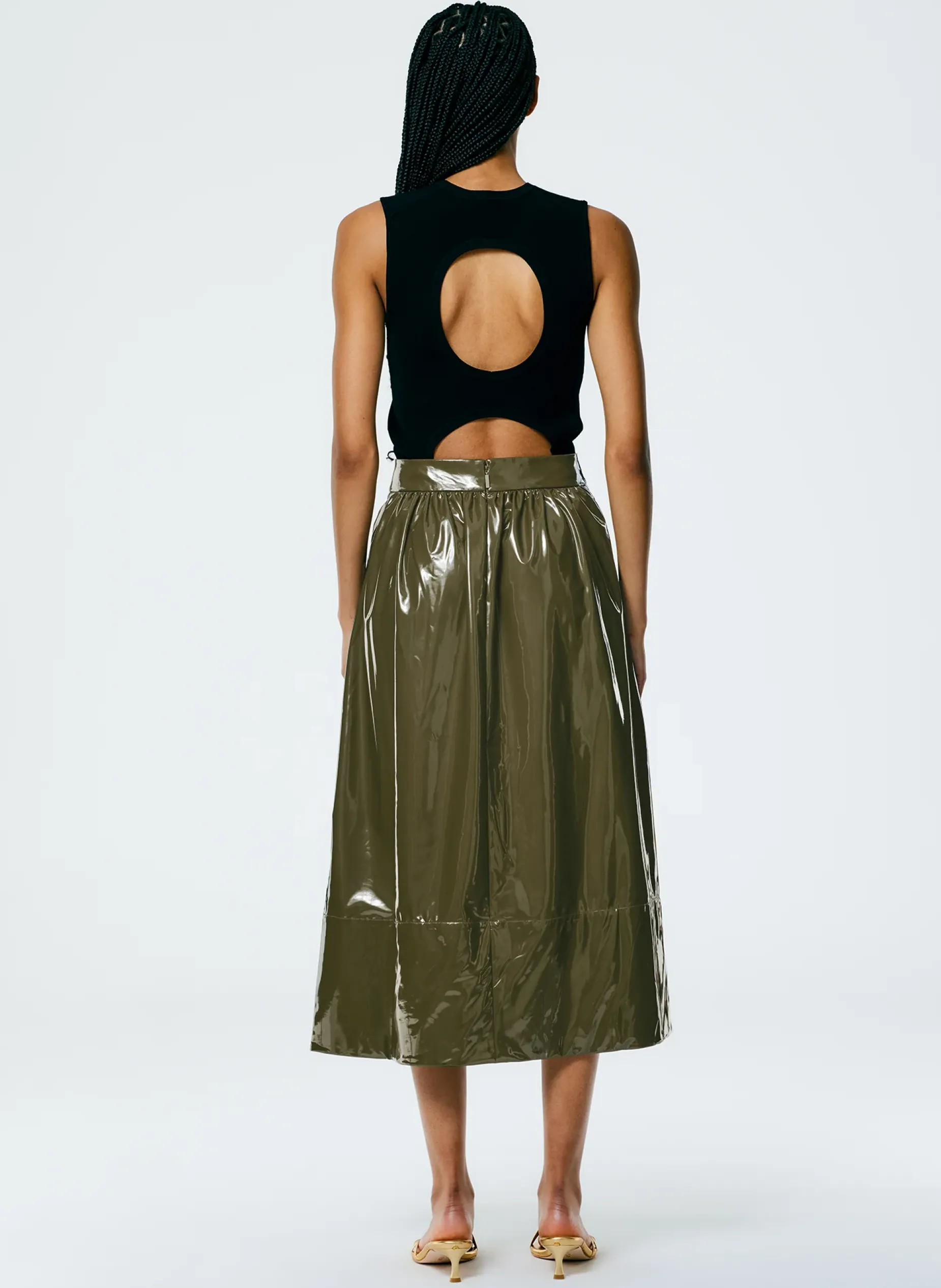 Skirts>Tibi Light Weight Stretch Patent Smocking Waistband Full Skirt Wood