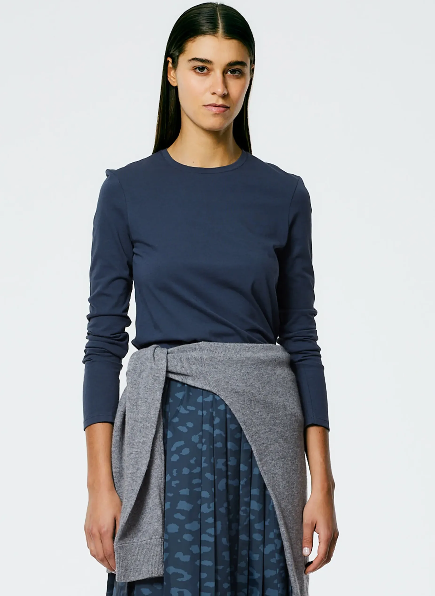 Knitwear & Sweatshirts>Tibi Long Sleeve Fitted T-Shirt Navy Fog