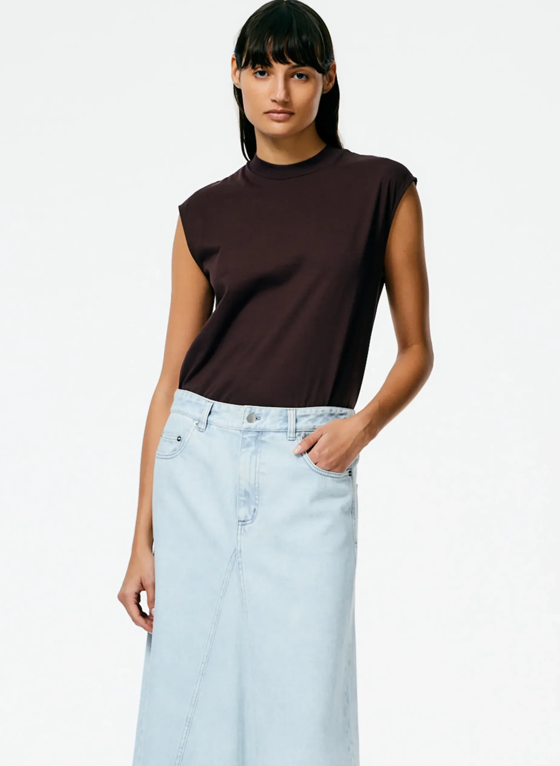 Tops|Fundamentals - WOFs>Tibi Mock Neck Sleeveless T-Shirt Brown