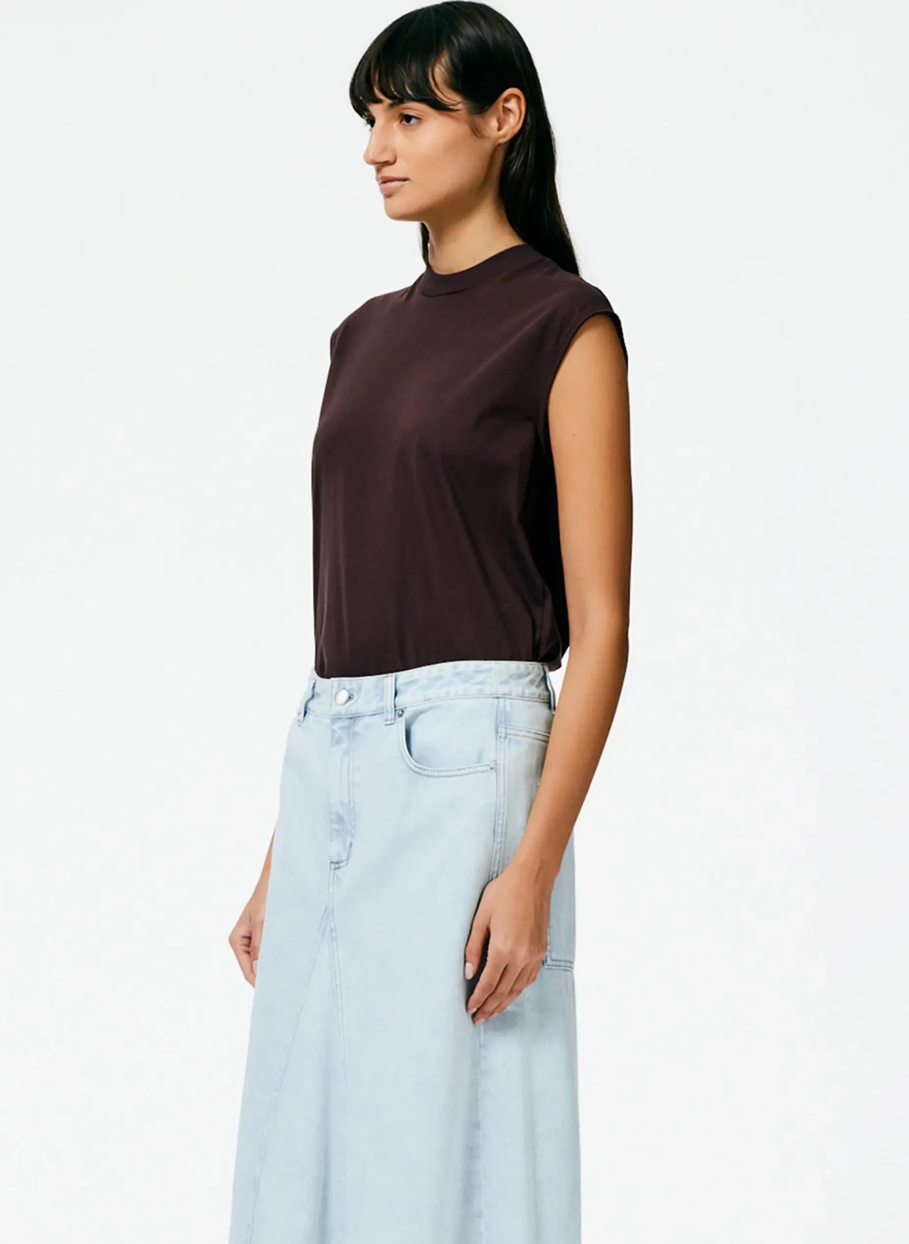 Tops|Fundamentals - WOFs>Tibi Mock Neck Sleeveless T-Shirt Brown