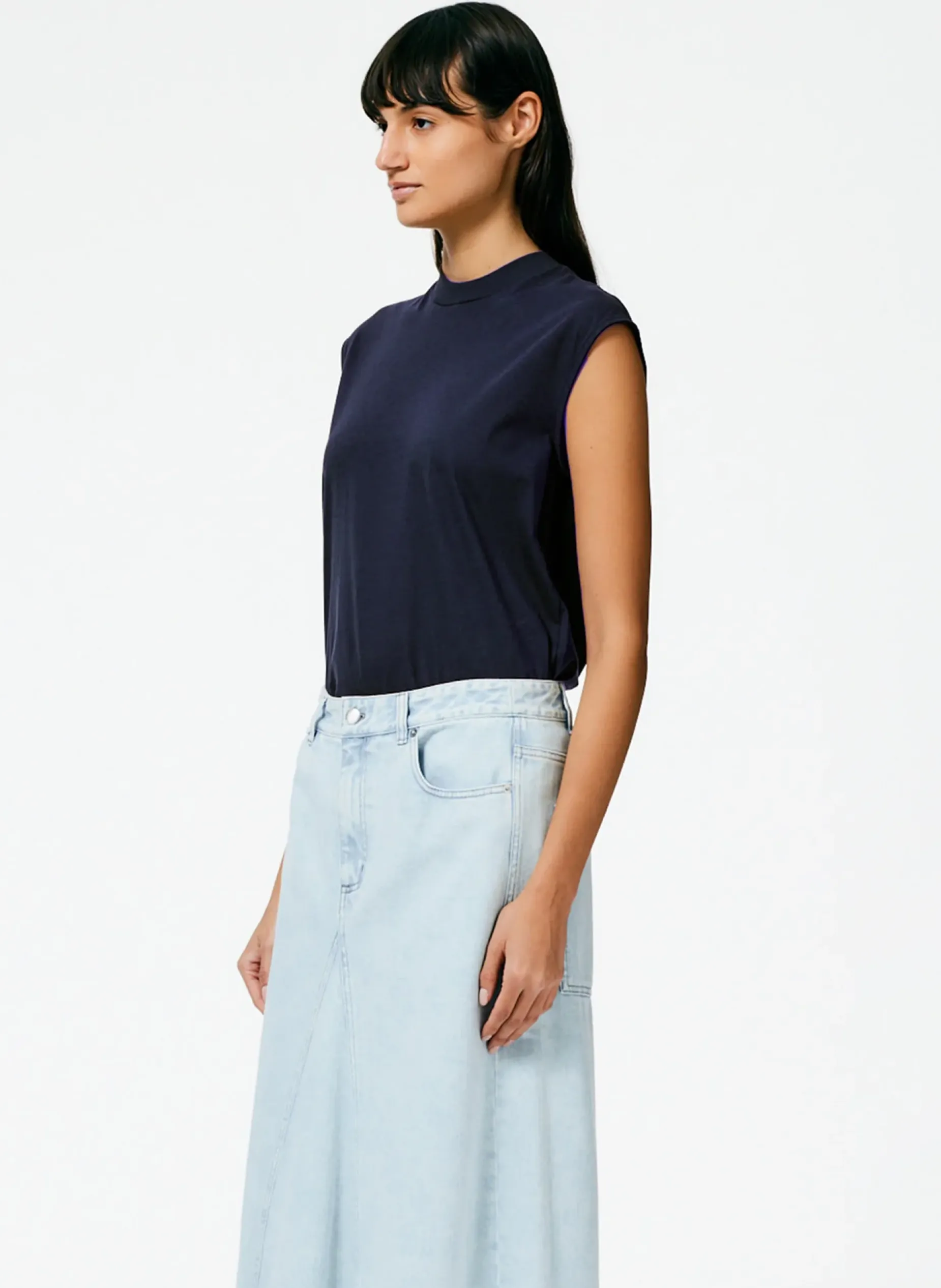 Tops|Fundamentals - WOFs>Tibi Mock Neck Sleeveless T-Shirt Navy