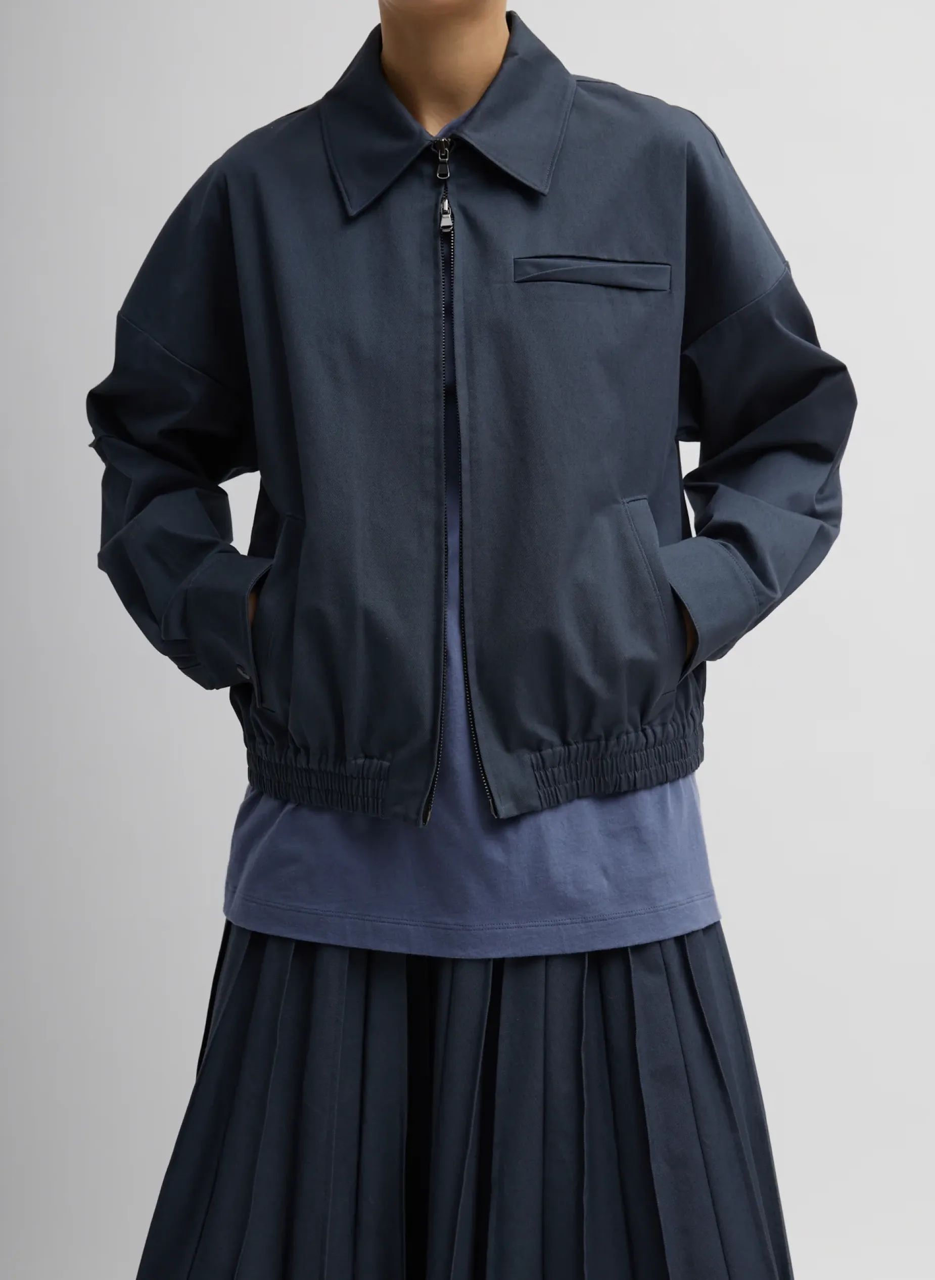 Jackets & Outerwear>Tibi Oliver Cotton Stretch Tricotine Bomber Slate Blue