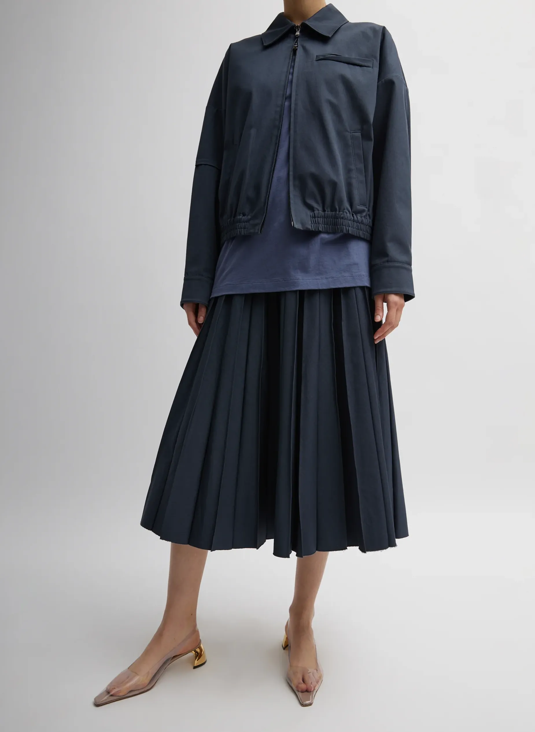 Jackets & Outerwear>Tibi Oliver Cotton Stretch Tricotine Bomber Slate Blue