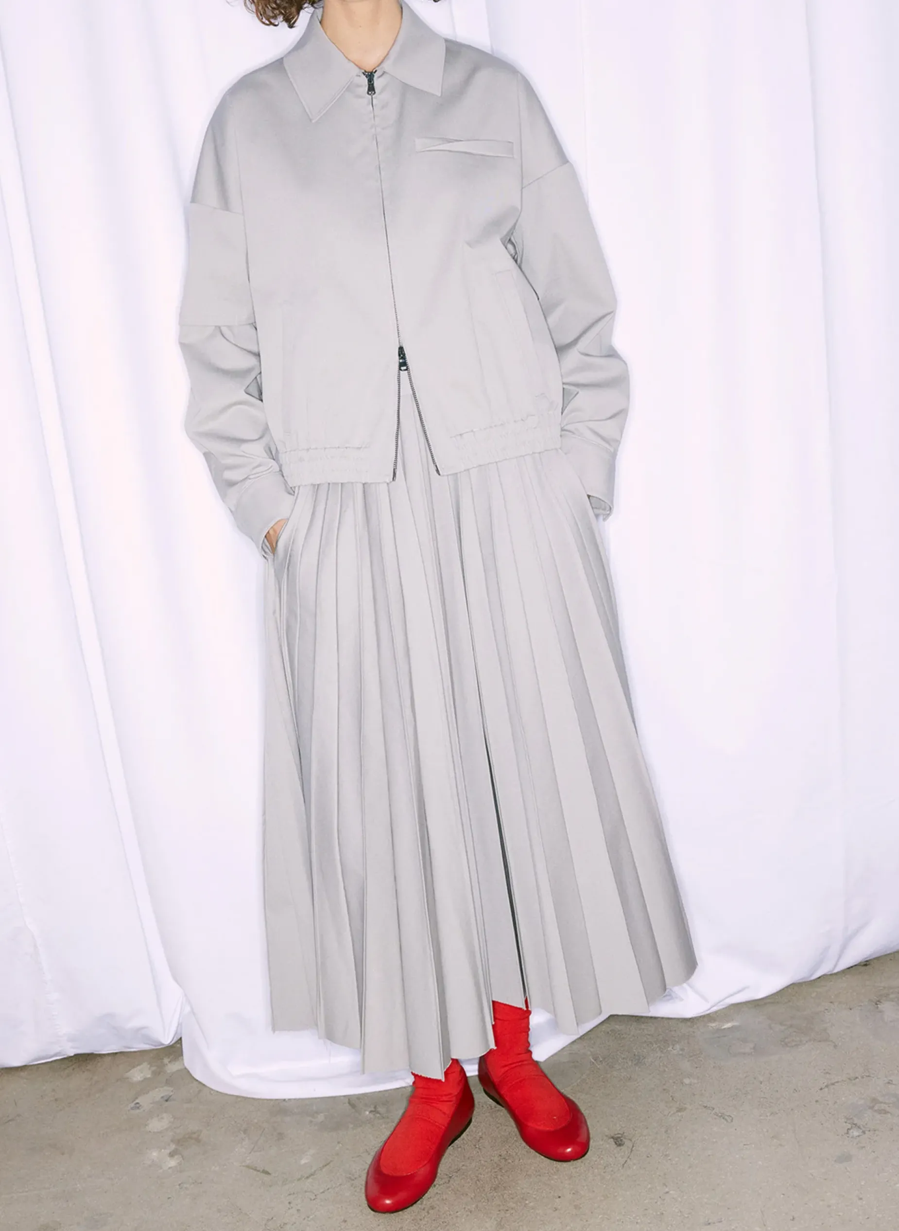 Jackets & Outerwear|Curated Closets>Tibi Oliver Cotton Stretch Tricotine Bomber Grey Moon