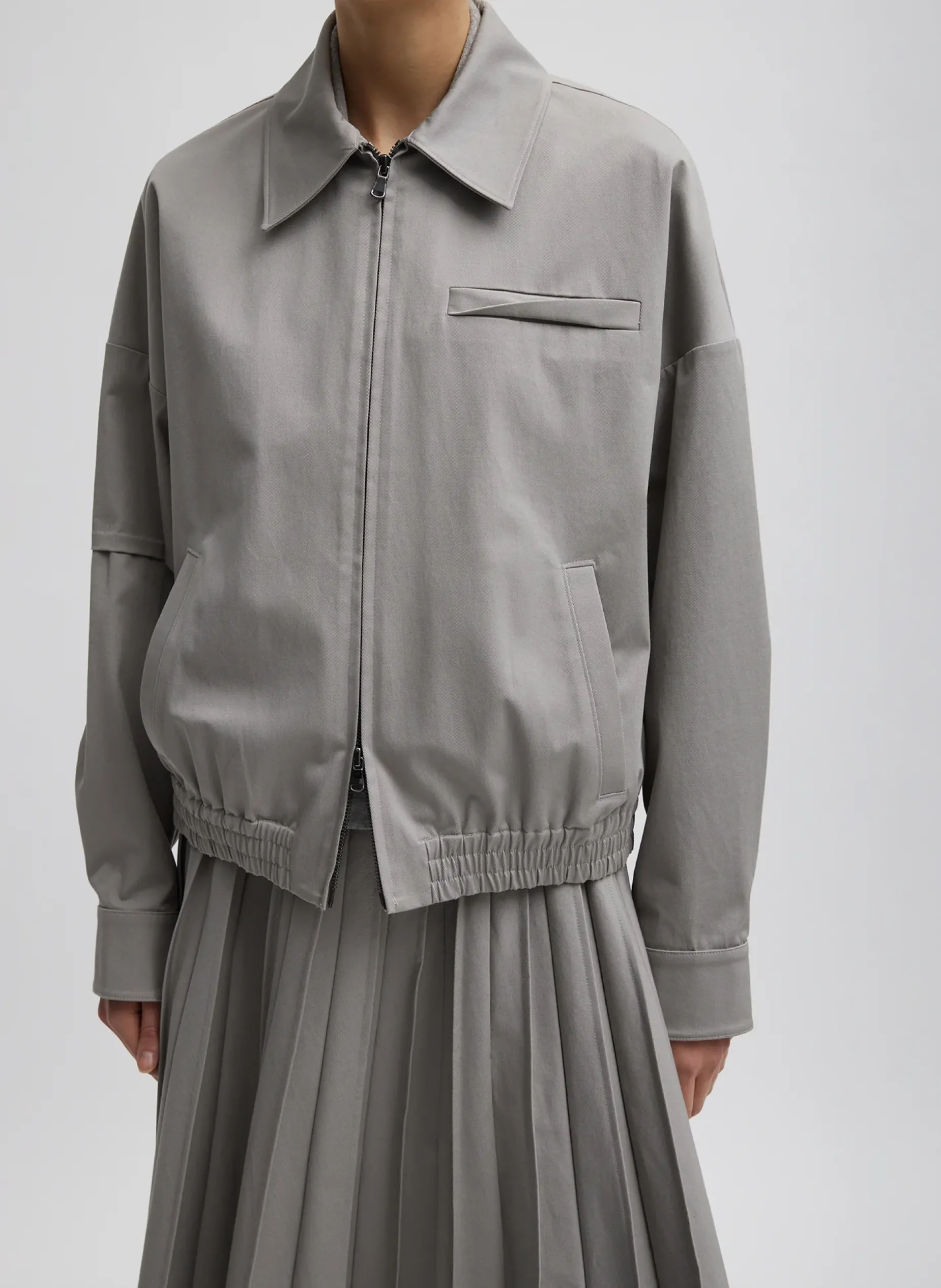 Jackets & Outerwear|Curated Closets>Tibi Oliver Cotton Stretch Tricotine Bomber Grey Moon