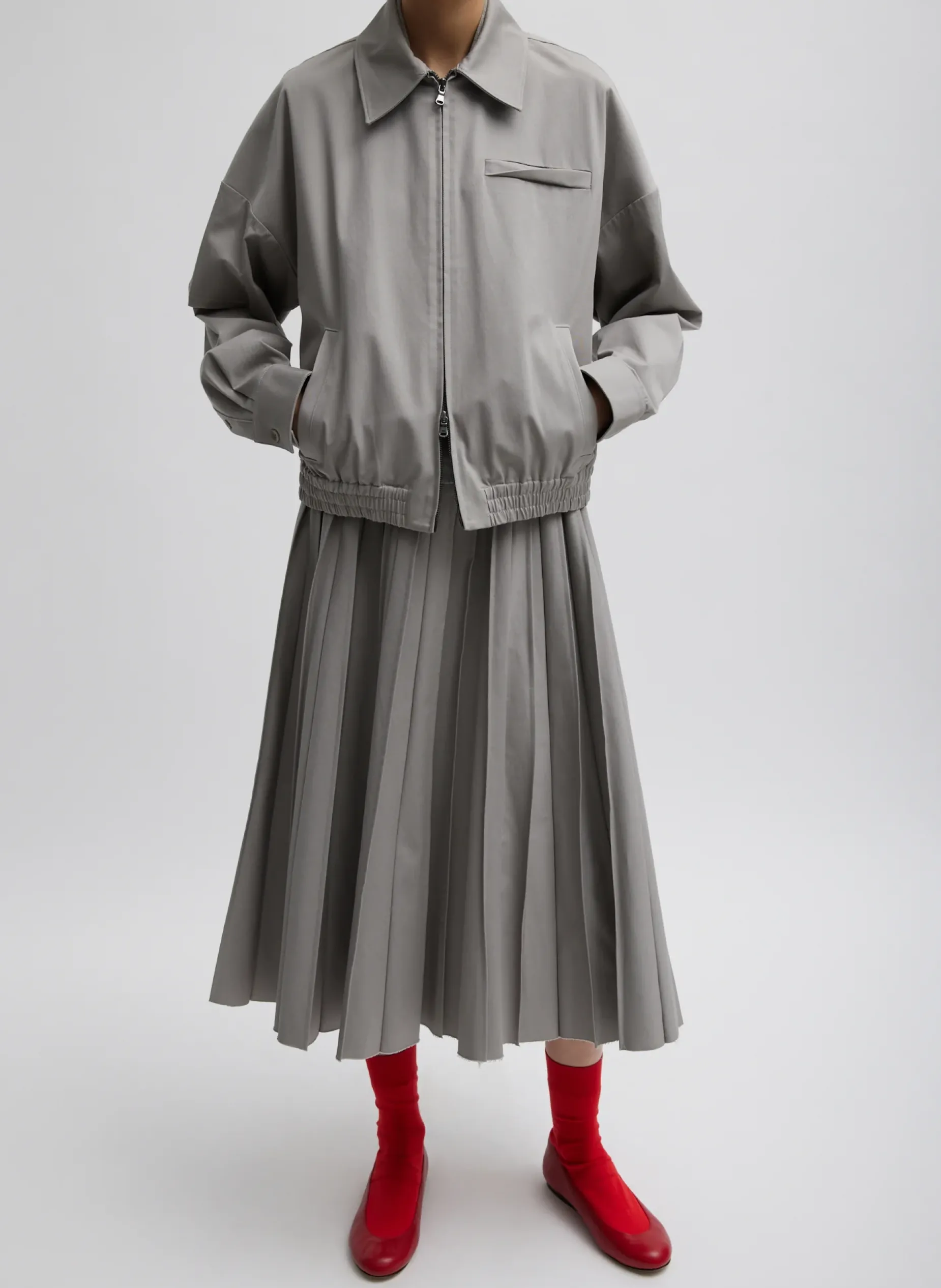 Jackets & Outerwear|Curated Closets>Tibi Oliver Cotton Stretch Tricotine Bomber Grey Moon