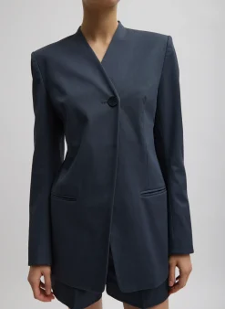 Suits|Jackets & Outerwear>Tibi Oliver Cotton Stretch Tricotine Sculpted Blazer Slate Blue