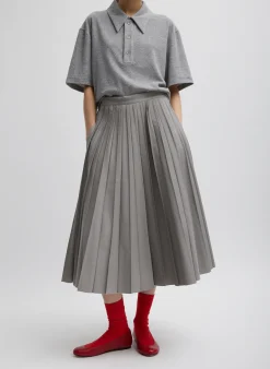 Skirts>Tibi Oliver Cotton Stretch Tricotine Pintucked Skirt Grey Moon