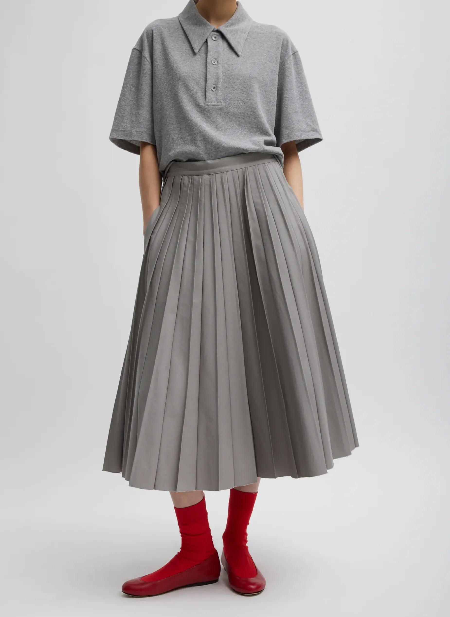 Skirts>Tibi Oliver Cotton Stretch Tricotine Pintucked Skirt Grey Moon