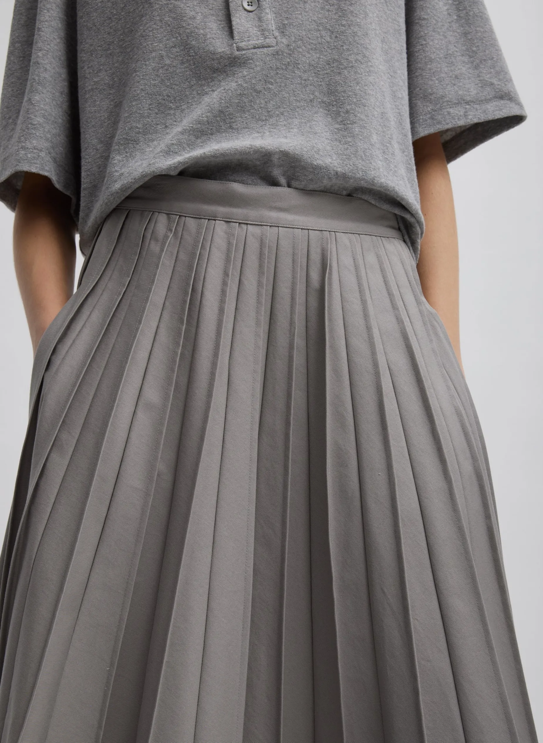 Skirts>Tibi Oliver Cotton Stretch Tricotine Pintucked Skirt Grey Moon