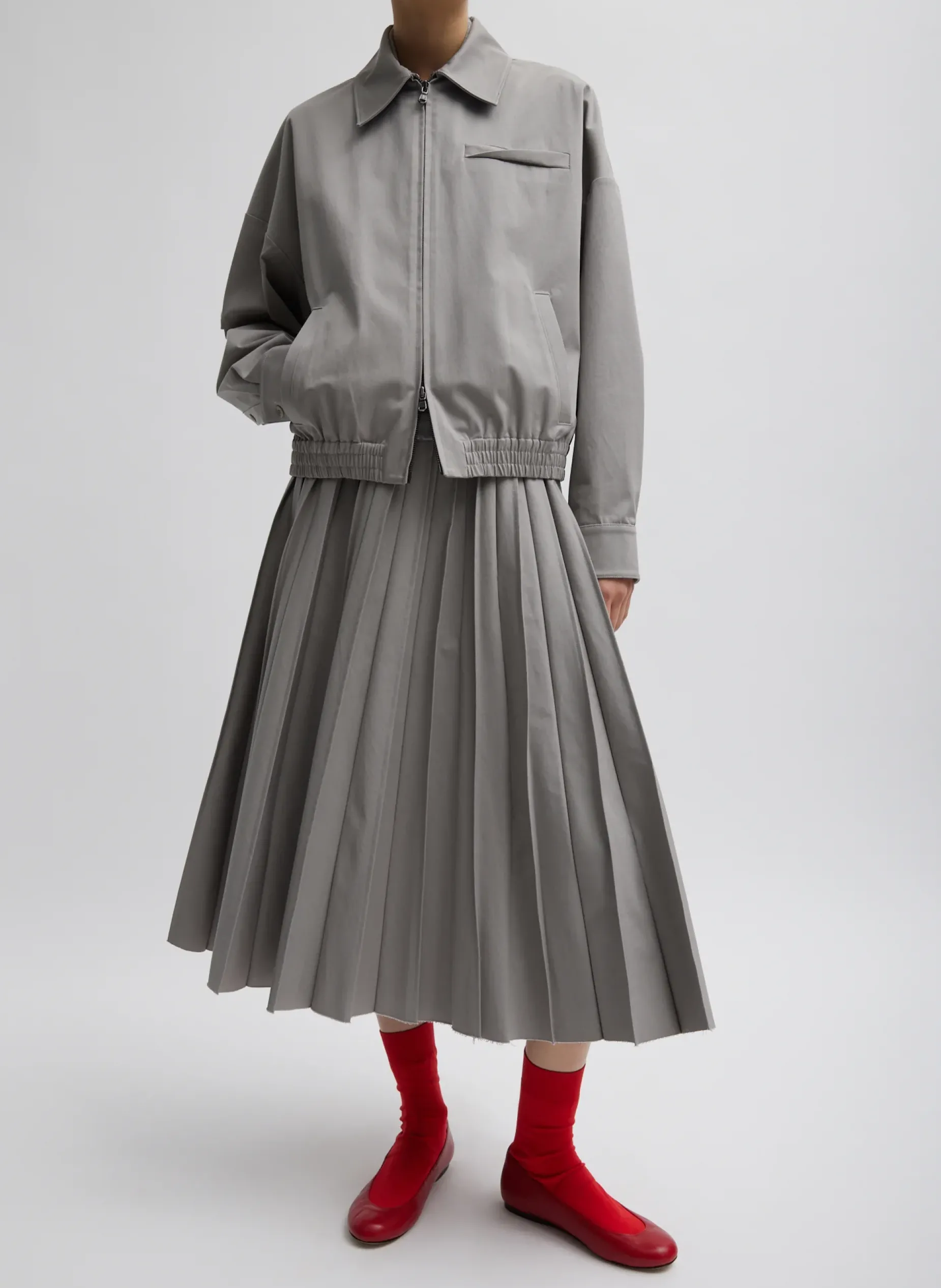 Skirts>Tibi Oliver Cotton Stretch Tricotine Pintucked Skirt Grey Moon
