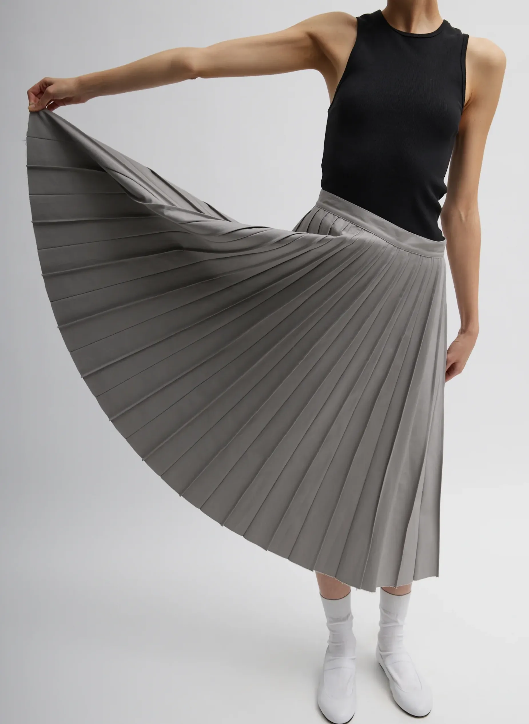 Skirts>Tibi Oliver Cotton Stretch Tricotine Pintucked Skirt Grey Moon