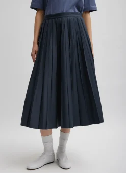 Skirts>Tibi Oliver Cotton Stretch Tricotine Pintucked Skirt Slate Blue