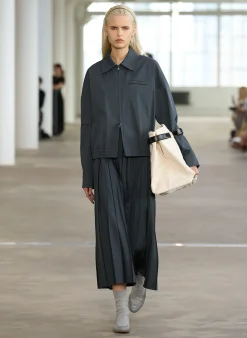 Skirts>Tibi Oliver Cotton Stretch Tricotine Pintucked Skirt Slate Blue