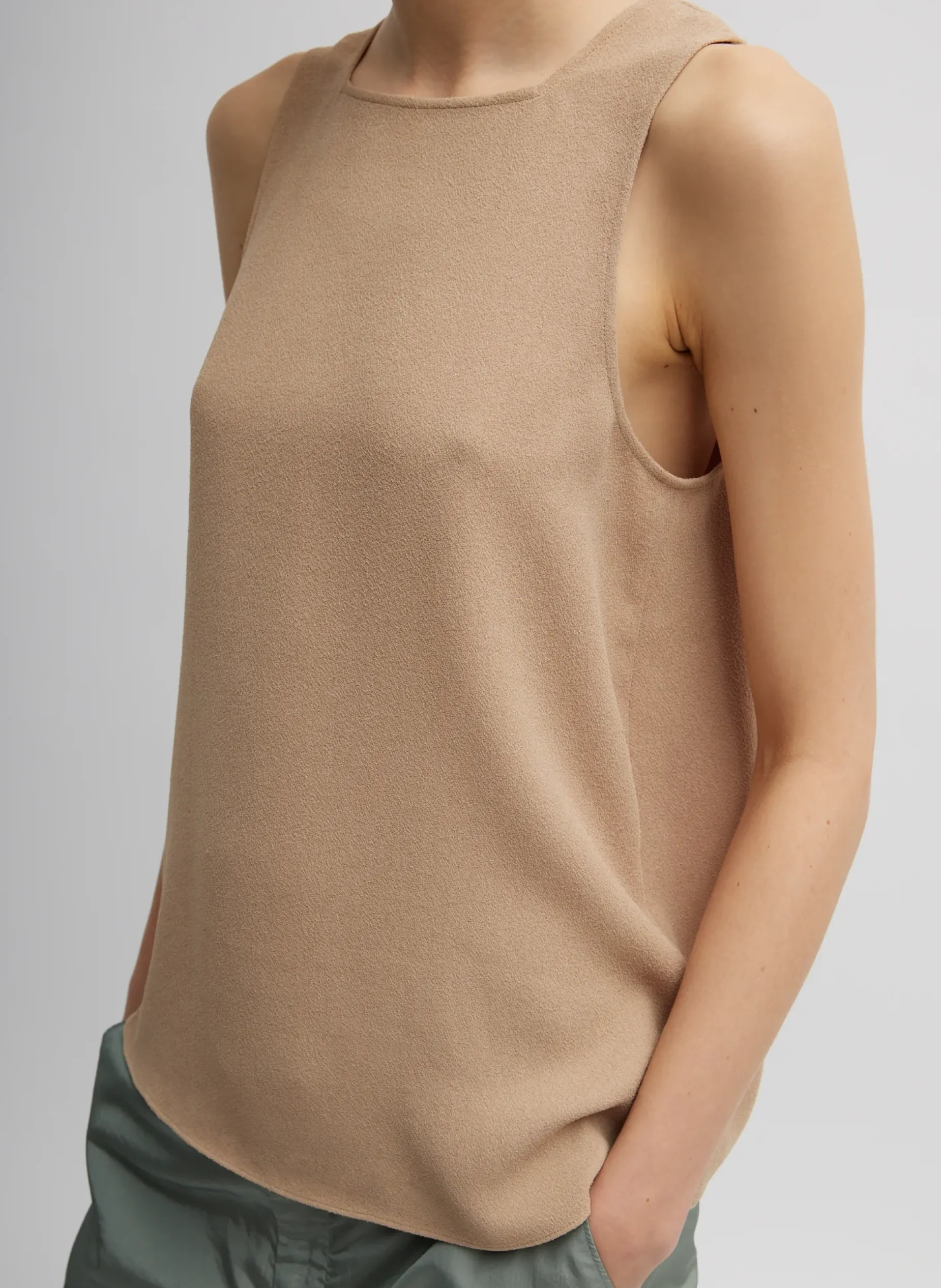 Tops>Tibi Pebble Sable Square Neck Cross Back Tank Granola