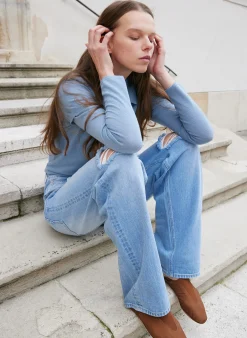 Knitwear & Sweatshirts|Tops>Tibi Perfect Shrunken V-Neck T-Shirt Blue Mist