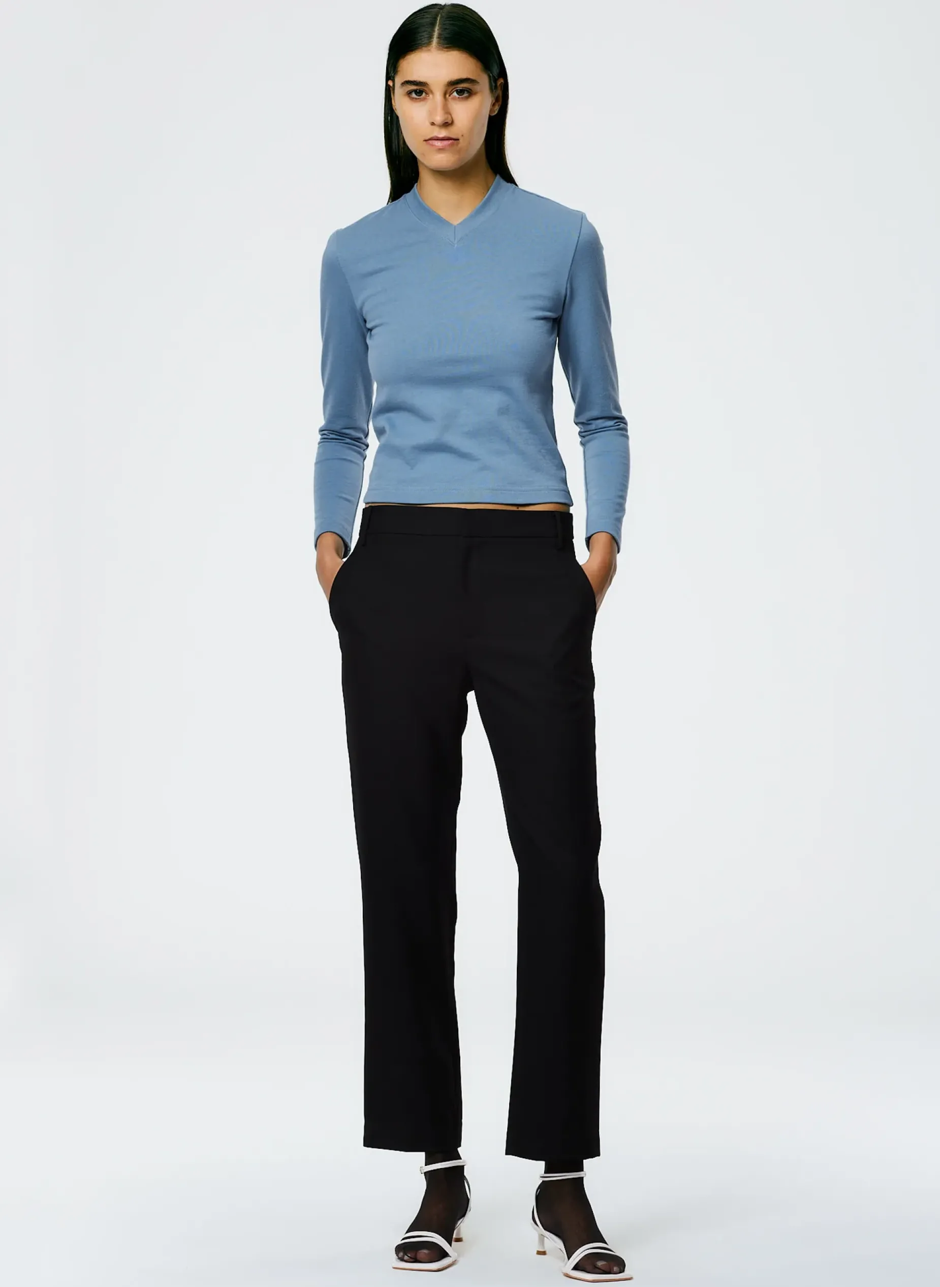 Knitwear & Sweatshirts|Tops>Tibi Perfect Shrunken V-Neck T-Shirt Blue Mist