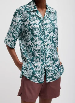 Tops|Curated Closets>Tibi Recycled Nylon Batik Camp Shirt Hunter Green Multi