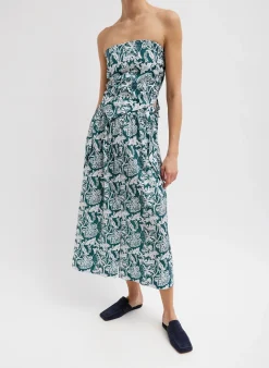 Tops|Curated Closets>Tibi Recycled Nylon Batik Strapless Bandeau Hunter Green Multi